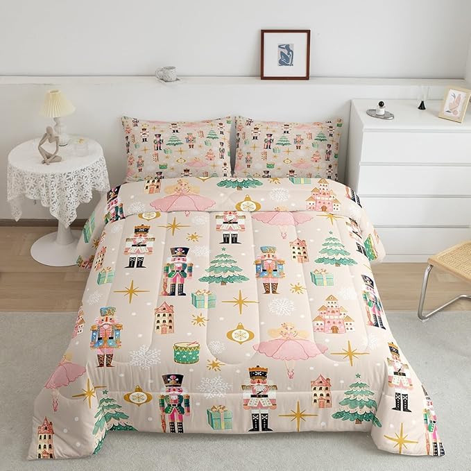 Erosebridal 7Pcs Beige Christmas Comforter Set Queen Size,Princess Nutcracker Bedding Set,Xmas Tree Snow Bed in A Bag for Kids Boys Girls,Starry Sky Christmas Decoration Quilt with Flat Fitted Sheet
