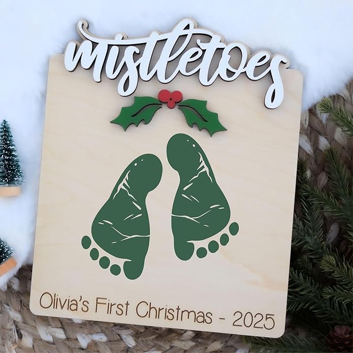 Baby's First Christmas Handprint Art, DIY Footprint Art, Baby's Mistletoes Sign, Wooden Kids Craft, Custom Children's Holiday Keepsake