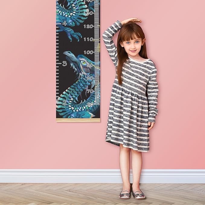 Personalized Kids Name Growth Chart Ruler for Wall Wood Frame Height Measure Chart 13.4x56 in Linen Hanging Height Growth Chart Retro Blue Dragon Kids Room Decor