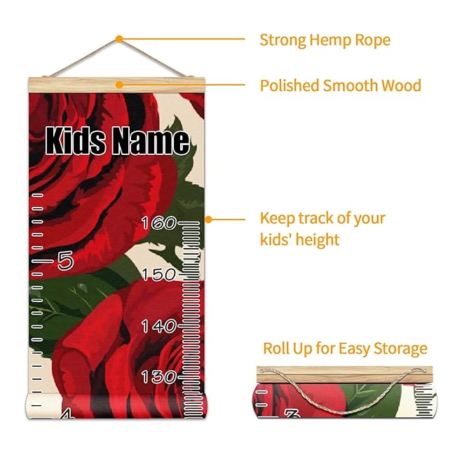 Personalized Kids Name Growth Chart Ruler for Wall Wood Frame Height Measure Chart 13.4x56 in Linen Hanging Height Growth Chart Vintage Red Rose Kids Room Decor