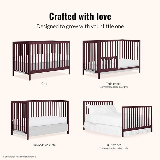 Dream On Me Synergy MOD 5-in-1 Convertible Full-Size Baby Crib with Toddler, Day & Full Bed Conversion in Auburn, GreenGuard Gold & JPMA, 3 Mattress Heights, Sustainable Pinewood