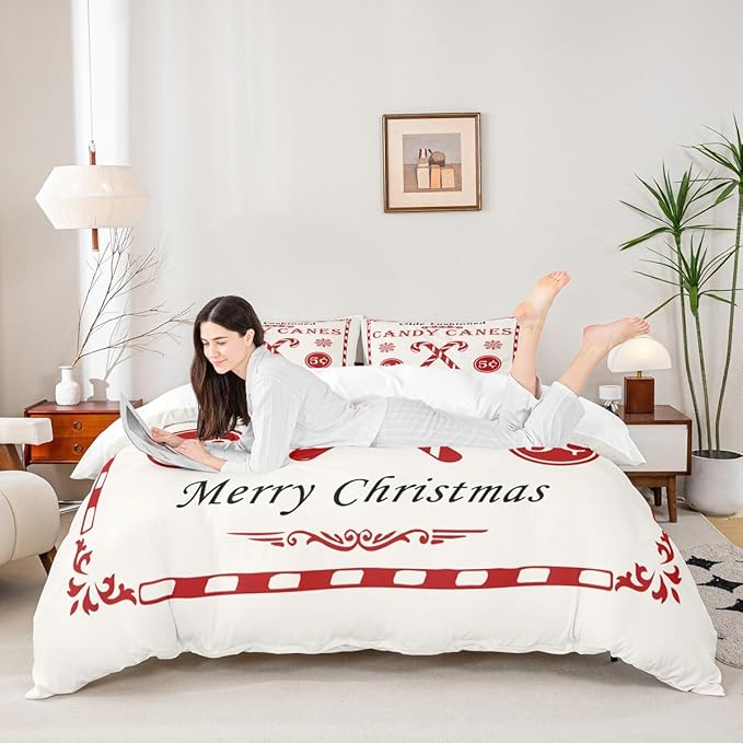 jejeloiu Christmas Bedding Set for Kids Boys Girls Christmas Quote Comforter Cover Set Queen Size Candy Canes Print Duvet Cover Bedroom Decor Xmas White Bedspread Cover Bedding Collection 3Pcs