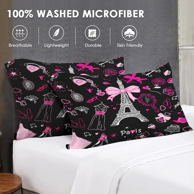 5 Pcs Twin Size Comforter Set with Pillowcase & Sham, Paris Eiffel Tower Bedding for Kids and Adults, Cute Pink Makeup Fashion Dress Bed in a Bag with Flat Fitted Sheet