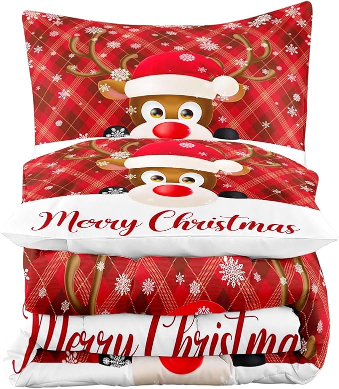LUVIVIHOME 3PCS Merry Christmas Comforter Set King Size, Snowflake Cartoon Funny Cute Elk Deer Bedding, Xmas Christmas Bedroom Decor, Soft Microfiber White Red Quilt, 2 Pillow Shams