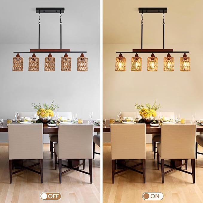 35in Farmhouse Rattan Chandelier Wood Boho Pendant Lighting 5-Light Kitchen Island Light Fixtures Linear Pandeant Light Fixture Rectangle Chandeliers for Dining Room Living Room