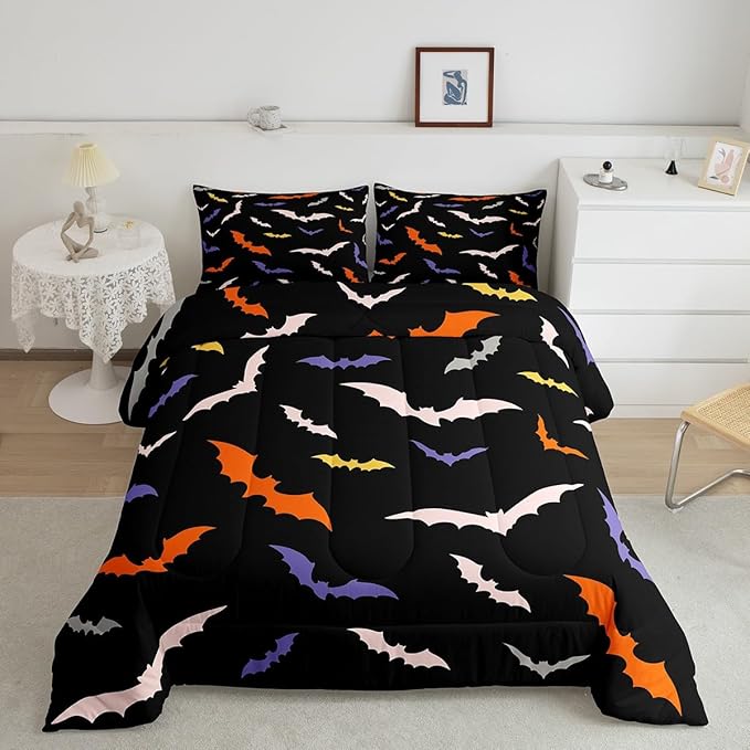 Erosebridal Bat Quilt Halloween Bedroom Decor Bedding Set Toddler Size for Kids Teens Adults Bedroom Purple Gothic Bat Comforter Set with 1 Pillow Case,Spooky Duvet Insert