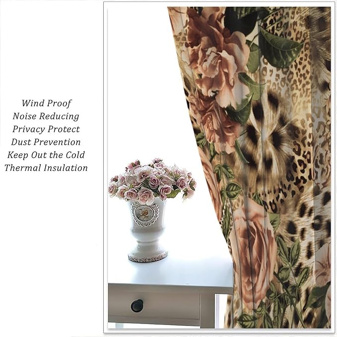 Leopard Floral Blackout Curtains, Cute Boho Floral Cheetah Animal Pattern Safari Natural Theme Window Treatments for Bedroom Living Room 72" W X 63" L