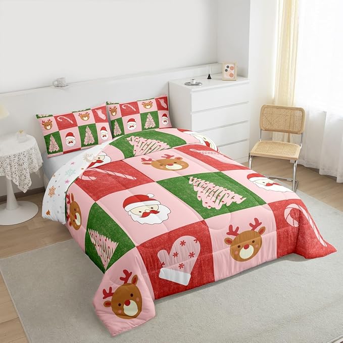 Feelyou Merry Christmas Bedding Set Soft for Boys Girls, Xmas Tree Santa Claus Comforter Set Queen Size Candy Cane Deer Duvet Quilt Microfiber Patchwork Bedroom Decor 3 Pcs with 2 Pillow Cases