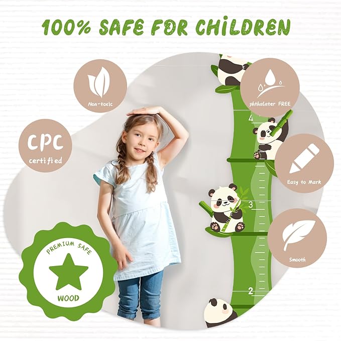 Personalized Name Growth Chart, Bamboo Panda Wooden Height Chart, Thick Height Measuring Board, Kids Height Tracker for Nursery Decor, Baby Boy Girl Measurement Ruler