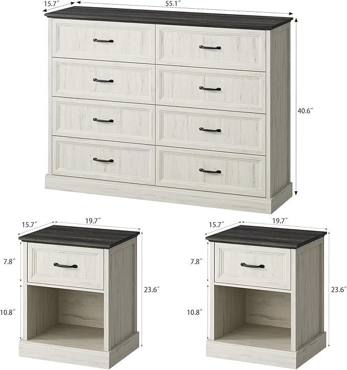 CARPETNAL Farmhouse Dresser and Nightstand Sets for Bedroom, 3 Pcs Bedroom Set, 8 Drawer Dresser & Nightstand Set of 2, Modern Wood Chest of Drawers for Bedroom, Living Room, Entryway, White