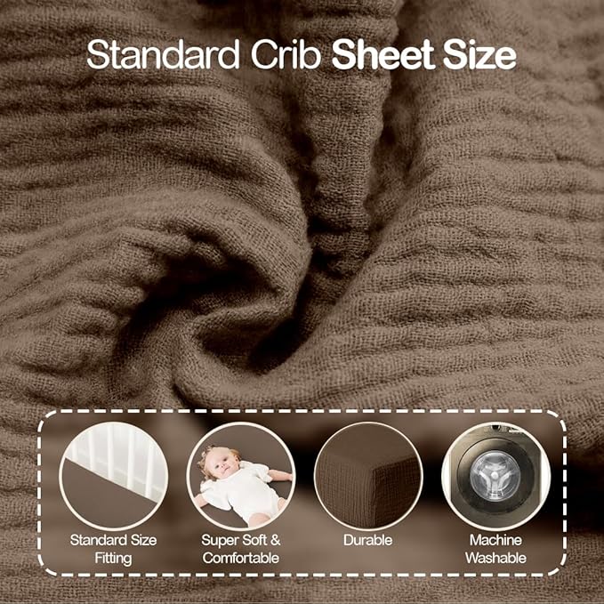 Mère & Moi Muslin Fitted Crib Sheets – 100% Cotton, Ultra-Soft & Breathable Baby Bedding for Standard Crib & Toddler Mattress (28” x 52”) - 2 Pack (Brown and Cream)