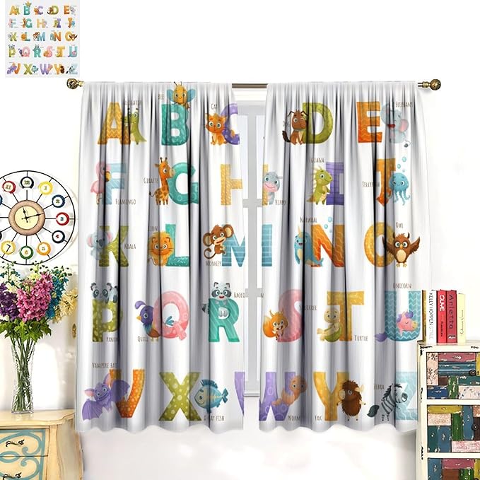 Kids Alphabet Curtains Educational Baby Cartoon Animals Colorful Cute Curtain with Rod Pocket for Nursery Living Room Home Decor Drapes Window Treatments 2 Panels Set 63x72in