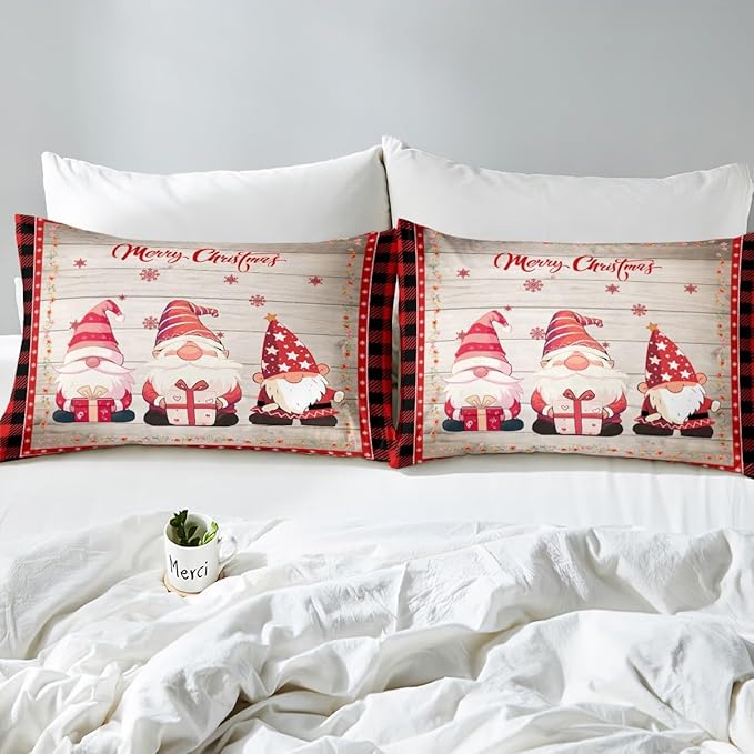 Xmas Gnomes Duvet Cover Set Queen Size, Rustic Wooden Red Plaid Christmas Comforter Cover with 2 Pillowcases, New Year Theme Bedding Set 3pcs for Kids Boy Lightweight Bedspread Cover,No Comforter