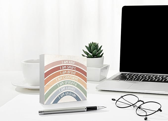 Mtrgdn Boho Rainbow Classroom Decor,Inspirational Kids Room Desk Decor,Positive Affirmations Wooden Box Sign for Classrom Nursery Kids Bathroom Bedroom Shelf Decorations,5x5 Inch