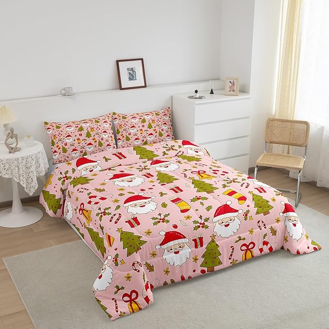 Feelyou Christmas Bedding Set for Kids Boys Girls Toddler Size Cute Santa Claus Comforter Set Ultra Soft Comforter Xmas Tree Duvet Quilt Bedroom Decor Berries Pattern Printed Quilt