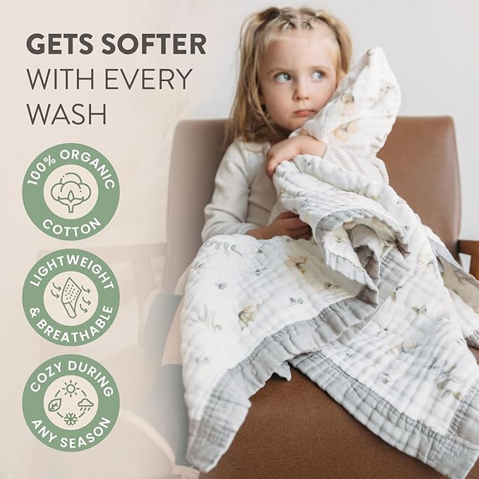 Organic Cotton Muslin Baby Blanket for Boys and Girls - Luxurious Soft Toddler Quilt for Swaddling - Gender Neutral Blanket - Baby and Toddler Gift - Pastel Floral
