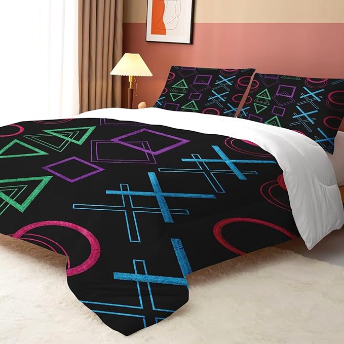 Game Bedding Set King Size Geometric Comforter for Kids Boys Men Black Abstract Bedroom Decor Quilt Bed Sets, 1 Comforter 2 Pillowcases