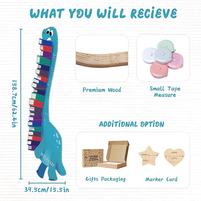 Personalized Name Growth Chart for Wall, Dinosaur Book Wooden Growth Chart Kids Height Chart,Growth Ruler for Toddler Playroom Decor 62.4" x 15.5"