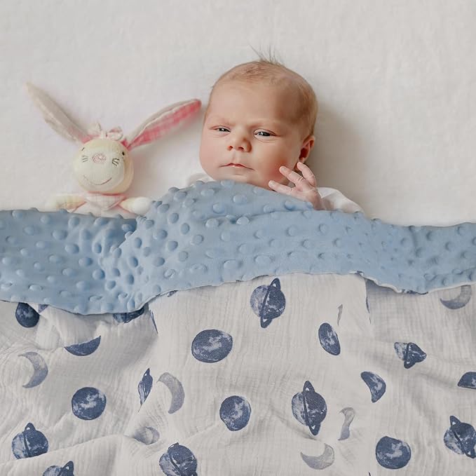 GLLQUEN BABY Blankets for Unisex Boys Girls, 2-Pack Muslin Cotton Front Soft and Breathable, and Dotted Fleece Backing, Printed Bed Nursery Minky Blankets for Toddler Newborn, Space, 30 x 40 inches
