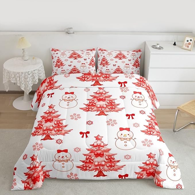 Feelyou Merry Christmas Comforter Set Toddler Size Cute Snowman Bedding Set for Kids Boys Girls Cartoon Bowknot Duvet Quilt Christmas Tree Microfiber 2 Pcs with 1 Pillow Cases