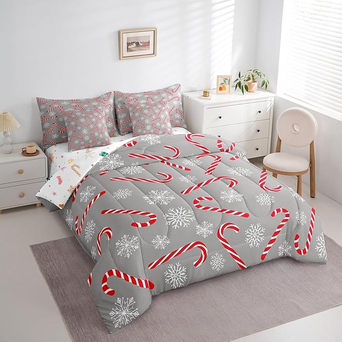 Erosebridal Xmas Candy Cane Twin Bedding Set 7 Piece,Merry Christmas Bed in A Bag for Kids Boys Girls,Winter Snowflake Comforter Set Grey Christmas Ornaments Sheet Set with Comforter