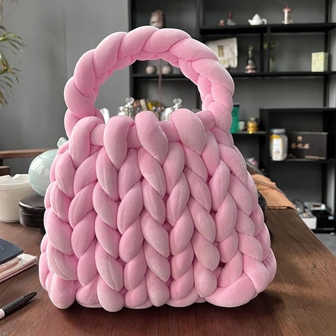 Velvet Chunky Bulky Giant Arm Knitting Yarn, Super Soft Jumbo Tube Weight, Fluffy DIY Crochet Hand Making Washable Yarn for Blanket, Pet Bed, Rugs, Pillow (1.1lb-Pink)