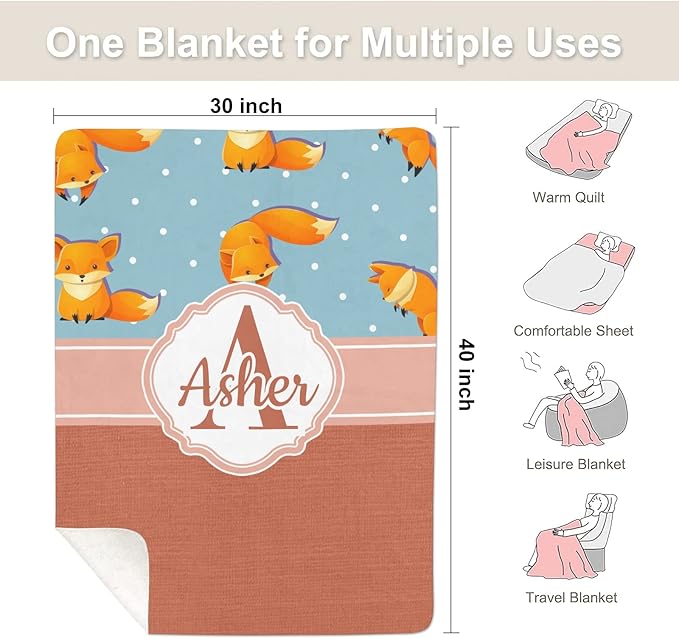Fox and Dots Personalized Receiving Sherpa Fleece Baby Blankets for Girls Boys Kids, Swaddle Blankets Gift for Newborn Crib Infants 30x40 Inches