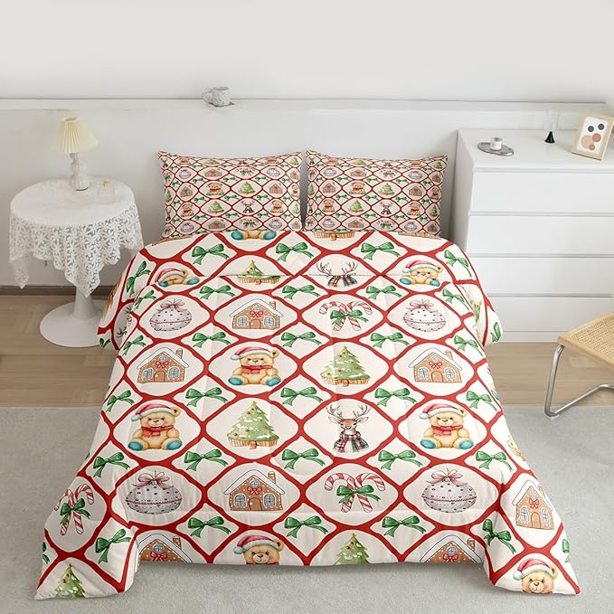 Manfei Merry Christmas Girls Bedding Set Twin Size,Kawaii Bowknot Cartoon Xmas Bear Comforter Set,Pine Tree Geometric Lattice Quilt Comforter Teens,Beige Red Green Room Decor All Season,1 Pillowcase