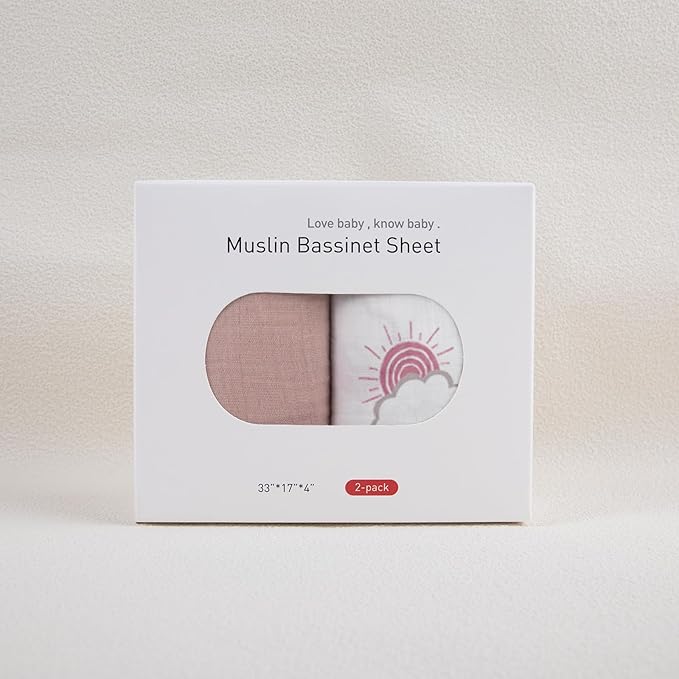 Muslin Bassinet Fitted Sheets, 2 Pack for Baby Boy and Girl, Soft Breathable Baby Pad/Mattress Sheet, Fit for Hourglass Oval and Rectangle Bassinet Mattress (Pink Cloud)