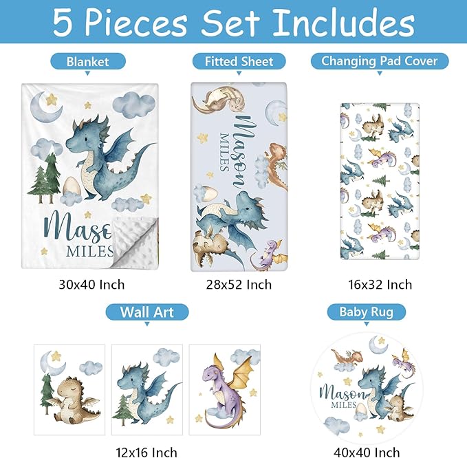 Custom Baby Crib Bedding Set, 5 Pcs Personalized Name Baby Crib Set for Boys, Dinosaur Nursery Bedding Sets, Double Layer Flannel Blanket, Newborn Infant Toddler & New Parents Customized Gifts