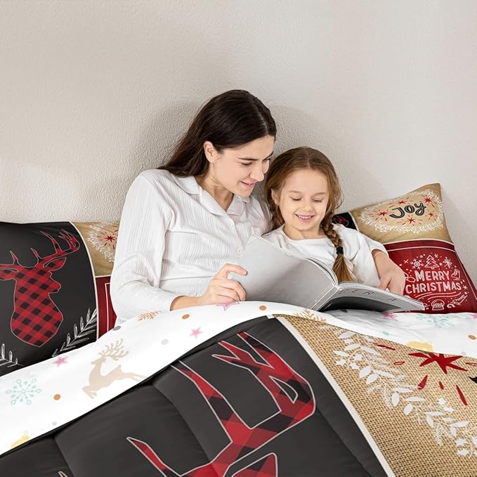 Deer Antler Kids Christmas Comforter Set Twin Size,Elk Plam Leaves Bedding,Girls Boys Adults Bedroom/Xmas Cabin Decor,Plank Lattice Vintage Down Comforter,Rustic Farmhouse Duvet Insert,1 Pillowcase