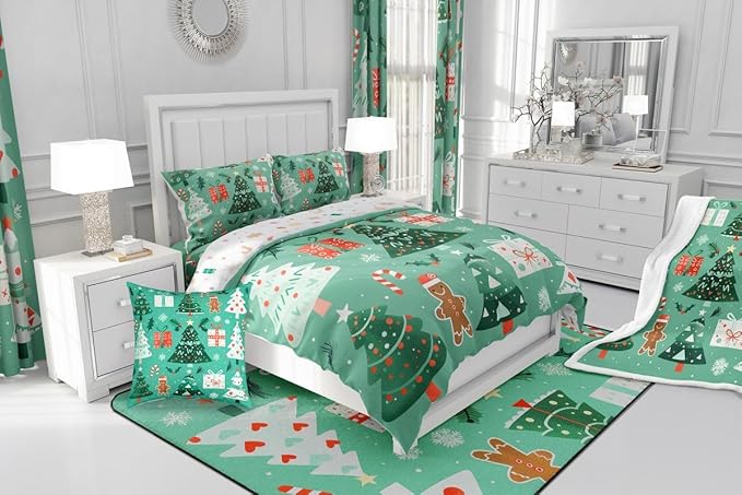 Feelyou Christmas Bedding Set Soft for Boys Girls, Xmas Tree Snowflake Comforter Set Full Size Gingerbread Man Duvet Quilt Microfiber New Year Gift Bedroom Decor 3 Pcs with 2 Pillow Cases