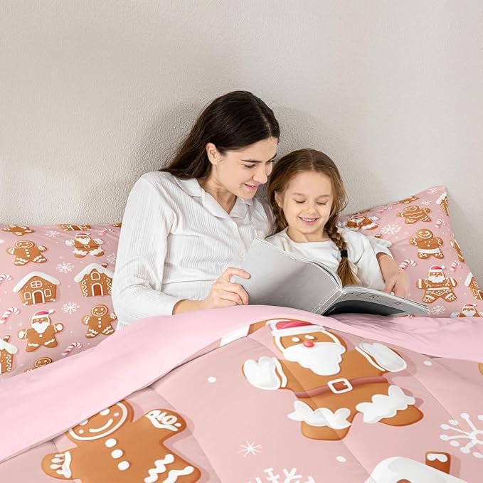 Feelyou Christmas Comforter Set All Season Gingerbread Man Bedding Set with 1 Pillow Cases Santa Microfiber Kids Twin Bedclothes Snowflake Bedroom Decor Duvet Quilt Breathable Soft Lightweight
