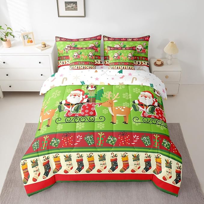Feelyou Christmas Santa Claus Deer Bedding Set Cartoon Stockings Bedding Set for Kids Boys Girls Teens Decor Christmas Snowflake Bed in a Bag Kawaii Bed Set 7Pcs Queen Size