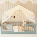 Twin Size House Bed for Kids, Low Profile Montessori Bed Twin with High Railings, Wood House Shape Montessori Beds with Light & Roof for Kids, Gray