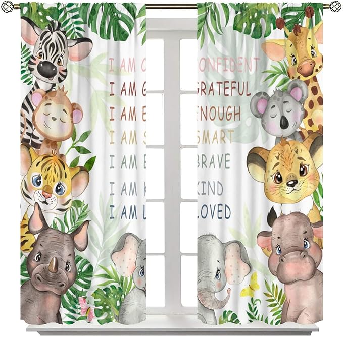 Cartoon Safari Animal Curtains Cute Watercolor Wildlife Jungle Window Treatments for Kids Boys Girls Bedroom Living Room Inspirational Motivational Quotes Nursery Children Drapes W52xL84