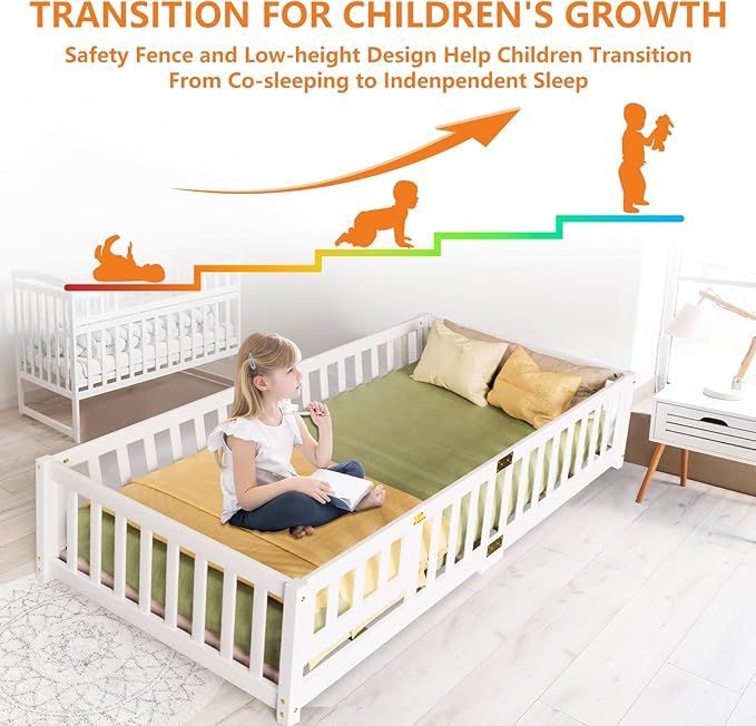 NAIZEA Twin Floor Bed for Kids-Twin Montessori Bed Frame with Wood Slats and Door and Slats, Wood Toddler Floor Beds for Girls and Boys, White