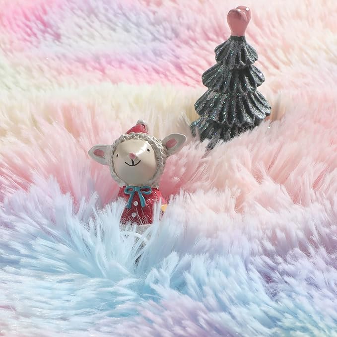 Amdrebio Rainbow Fluffy Round Rug 7Ft Kids Rugs for Girls Bedroom, Unicorn Room Decor, Colorful Pastel Big Large Carpet for Baby Nursery Playroom, Cute Shaggy Kawaii Circle Area Rug for Teen Princess
