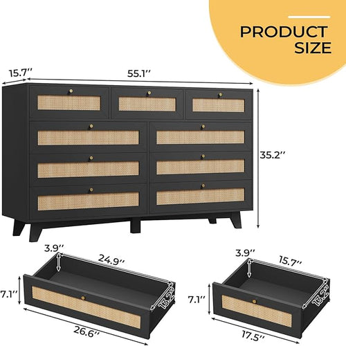 AOGLLATI Black Rattan Dresser for Bedroom with 9 Drawer, Modern Double Wooden Long Bedroom Dresser, Chest of Drawers with Metal Handle & Solid Wood Legs for Bedroom/Living Room, Black