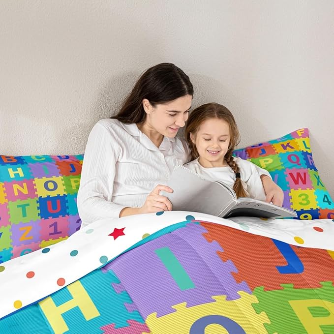 Feelyou Kids Puzzle Alphabet Numbers Comforter Set Twin Size ABC Letters Bedding Set for Kids Boys Girls Educational Duvet Quilt English Learning Bedroom Decor Microfiber 2 Pcs with 1 Pillow Cases
