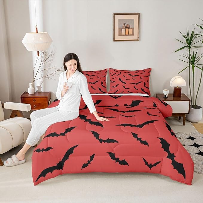 Erosebridal Black Bats Bedding Set Halloween Themed Comforter Set Toddler Size,Bat Spooky Gothic Quilt for Kids Boys Girls Adults Red Halloween Decorations Duvet Insert,Goth Room Decor