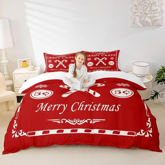 jejeloiu Christmas Bedding Set for Kids Boys Girls Christmas Quote Comforter Cover Set Full Size Candy Canes Print Duvet Cover Bedroom Decor Xmas Red Bedspread Cover Bedding Collection 3Pcs