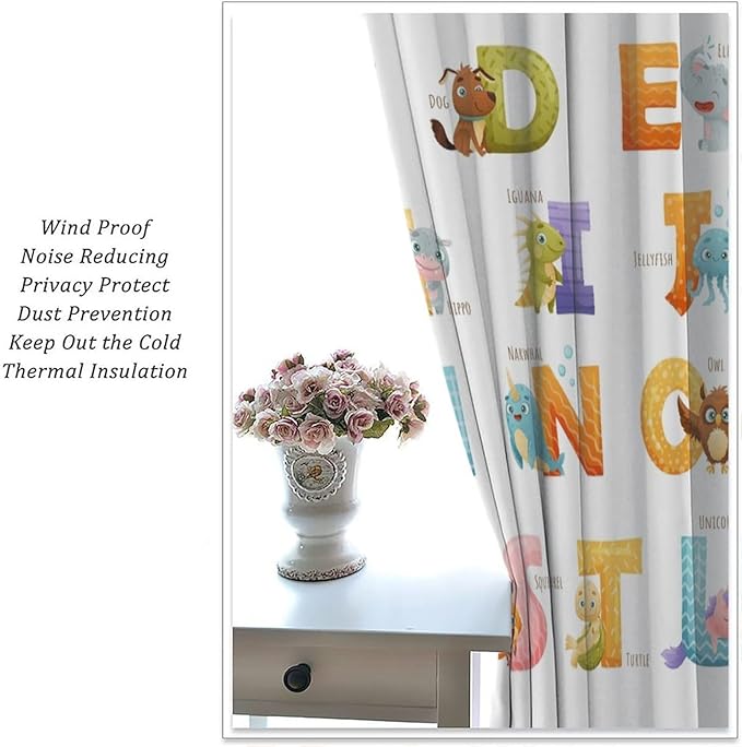 Kids Alphabet Curtains Educational Baby Cartoon Animals Colorful Cute Curtain with Rod Pocket for Nursery Living Room Home Decor Drapes Window Treatments 2 Panels Set 52x84in
