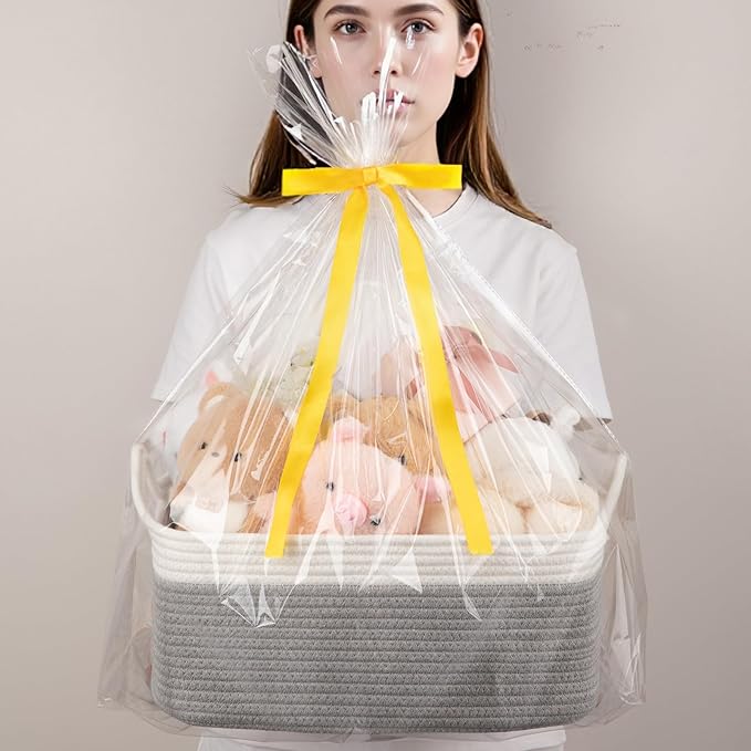 OIAHOMY Woven Rope Basket with Gift Bags and Ribbons, Gift Basket Empty for Baby Shower Birthday, Halloween, Christmas, Cute Cat Ear Handles for Shelf Living Room Bathroom,White,19L