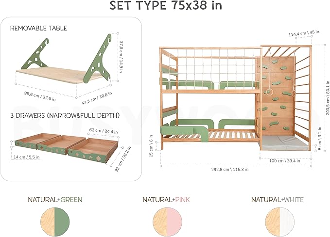 2-in-1 Bunk Bed with Desk and Toddler Jungle Gym Indoor for Home Activities, Made in Europe 75 x 38 Bunkbed with Storage Baskets, 3 Colors Space Saving Montessori Floor Bed Combined with Jungle Gym