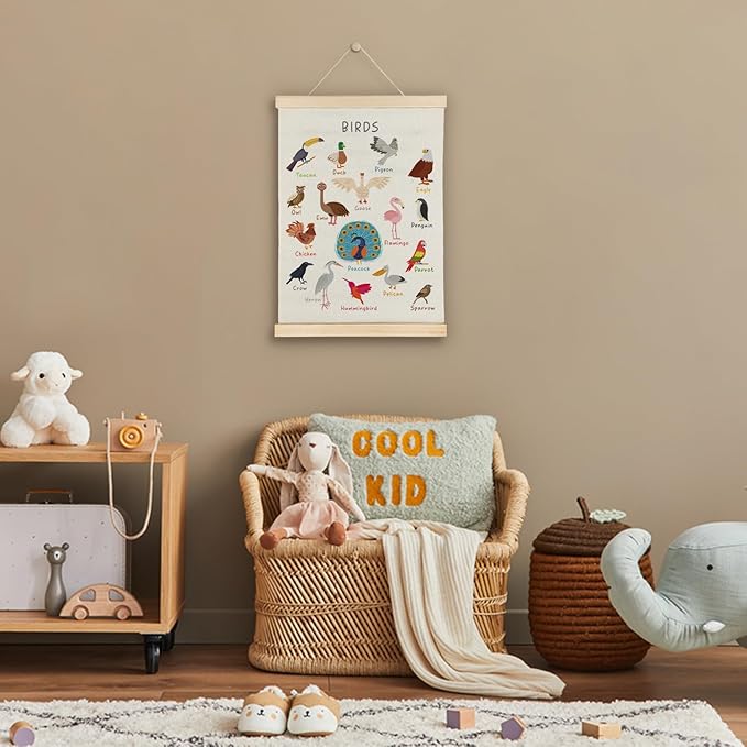 SereneHanctuary Bird Wall Art, Boho Educational Nursery Wall Decor, Birds Animal Poster Hanger Frame for Toddler Kids Room Bedroom Nursery Playroom Classroom Decor,12x16 Inches