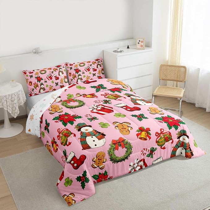 jejeloiu Merry Christmas Comforter Set Twin Size Cute Snowman Bedding Set for Kids Boys Girls Gingerbread Man Duvet Quilt Pink Bedroom Decor