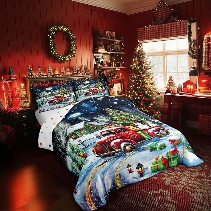 Rustic Farmhouse Xmas Comforter Set Queen Size,Retro Red Truck Snowman Bedding Set for Kids Boys Girls Room Decor,Snowflake Cabin Christmas Tree Duvet Insert 3Pcs,Xmas Theme Quilt Set,2 Pillowcases