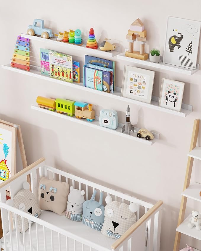 Axeman Oak Picture Ledge Shelf, 55 Inch Floating Shelves Set of 2, Solid Oak Wood Wall Shelves with Lip, Wall Decor Storage for Bedroom Living Room Bathroom Kitchen Nursery Photo Picture, White
