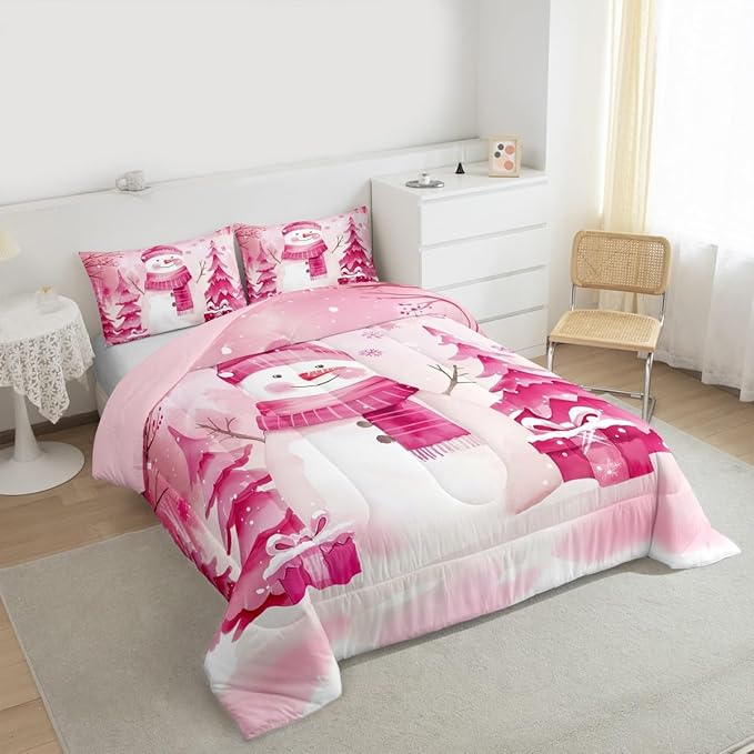 Feelyou Pink Christmas Comforter Set King Size Snowman Bedding Set for Kids Boys Girls Cute Snowflake Duvet Quilt Merry Christmas Tree and Snowman Bedroom Decor 3 Pcs with 2 Pillow Cases